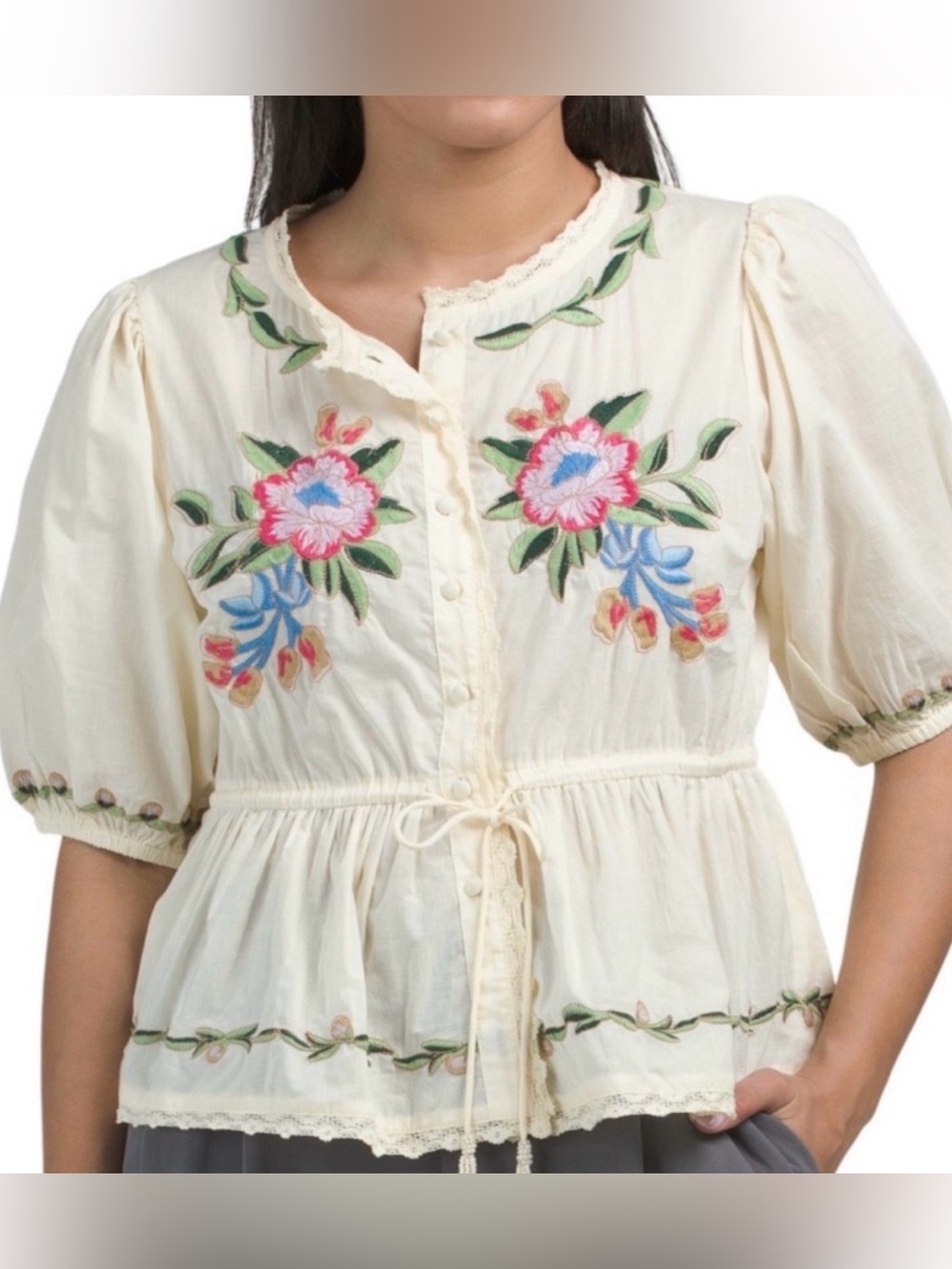 Jennifer & Grace cream Embroidered Floral Peasant Button-Up Top Large